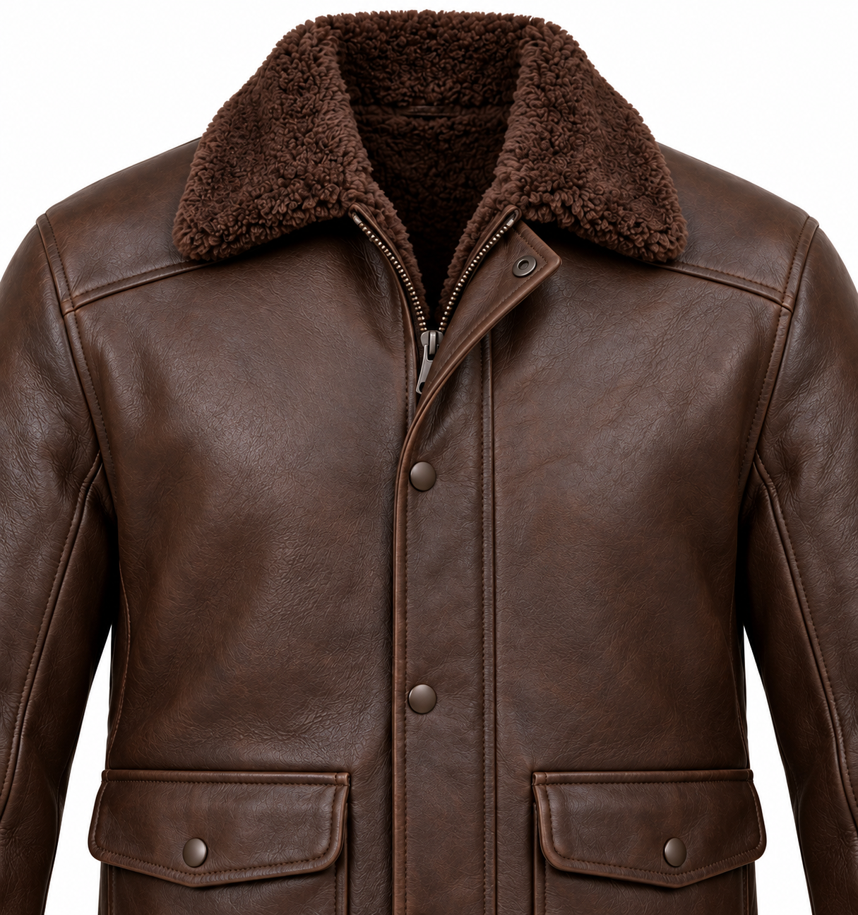 SH094 men's brown shearling jacket detail view