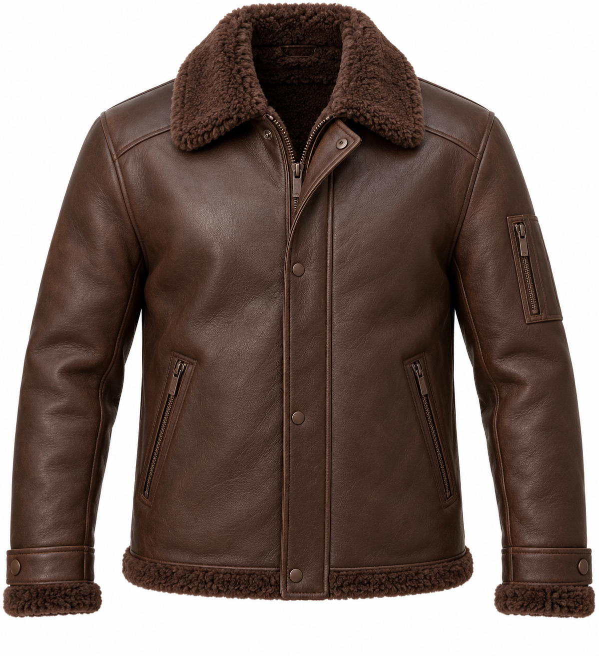SH096 men's brown shearling jacket front view