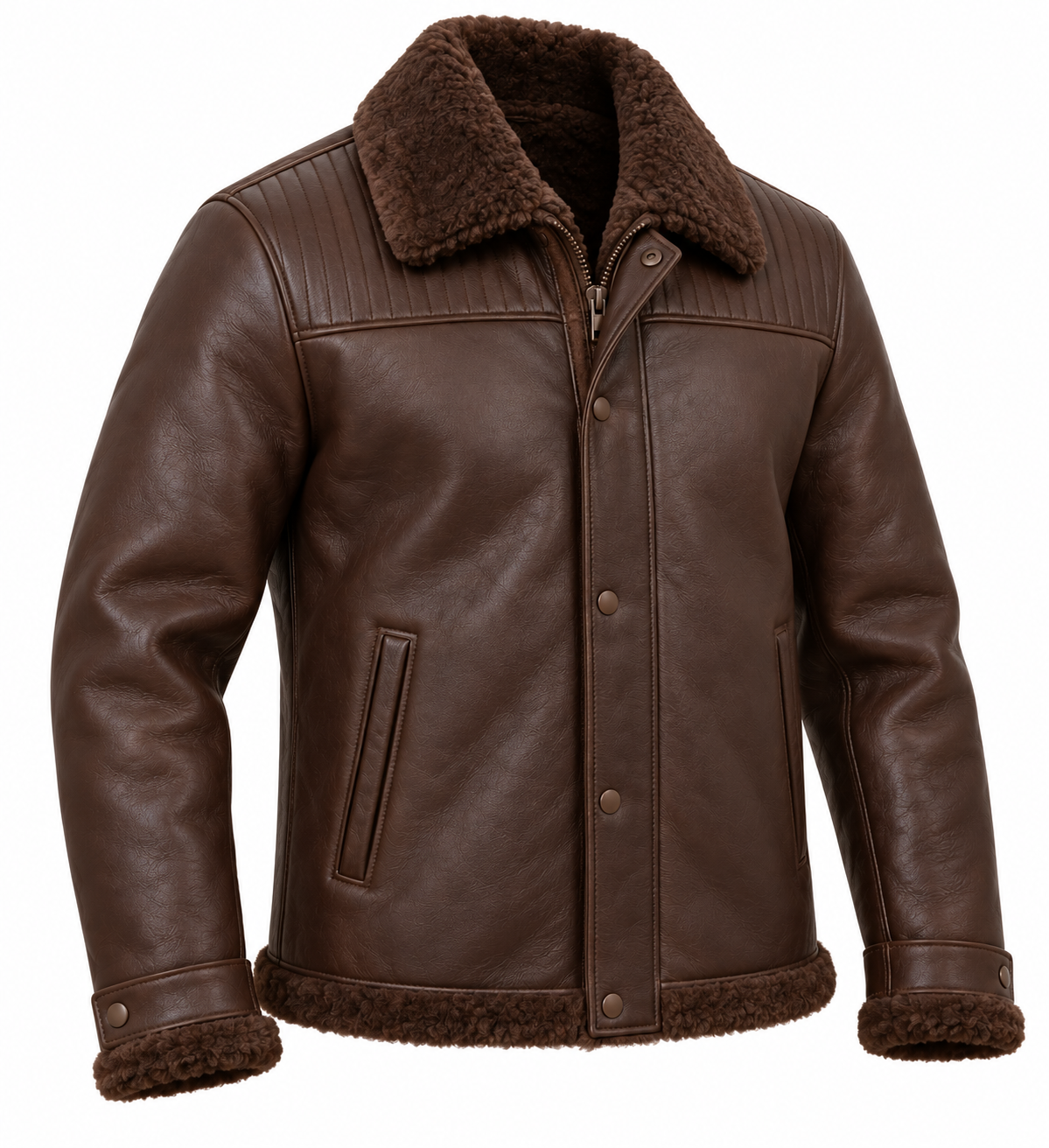 SH097 men's brown shearling jacket angle view