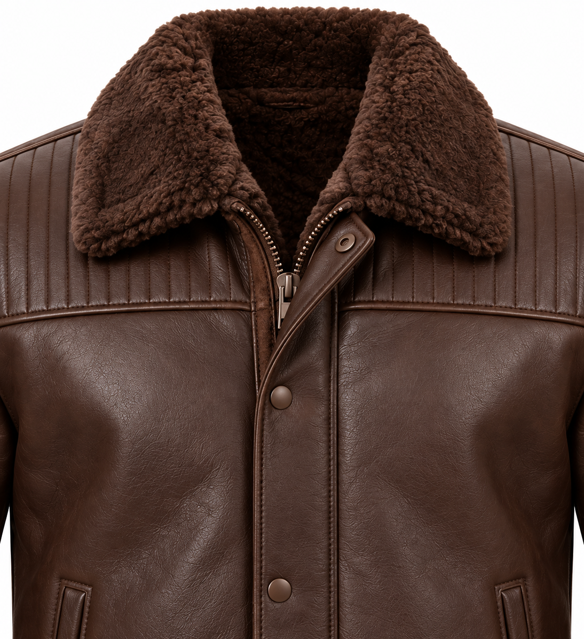 SH097 men's brown shearling jacket detail view