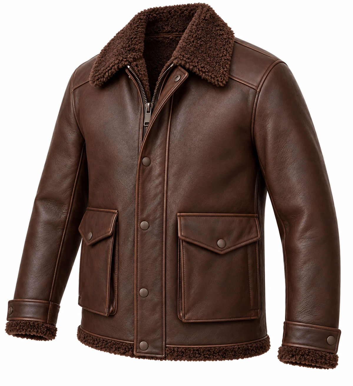 SH099 men's brown shearling jacket angle view