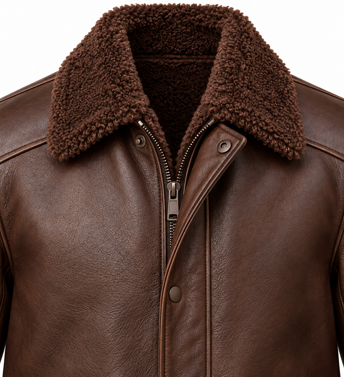SH099 men's brown shearling jacket detail view