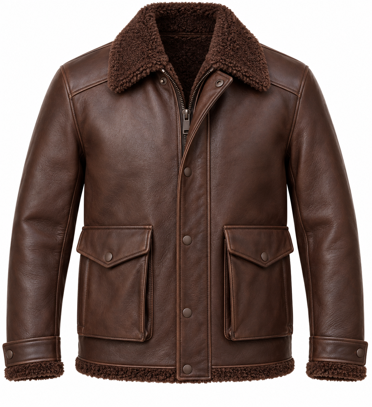 SH099 men's brown shearling jacket front view
