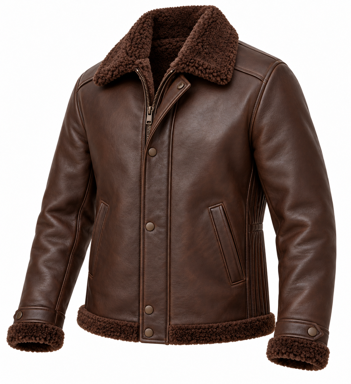 SH100 men's brown shearling jacket angle view
