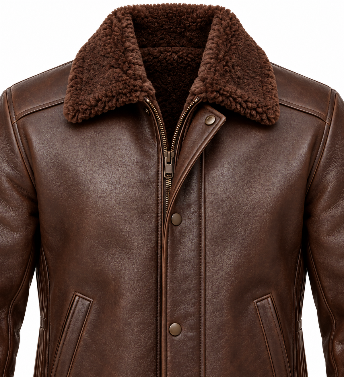 SH100 men's brown shearling jacket detail view