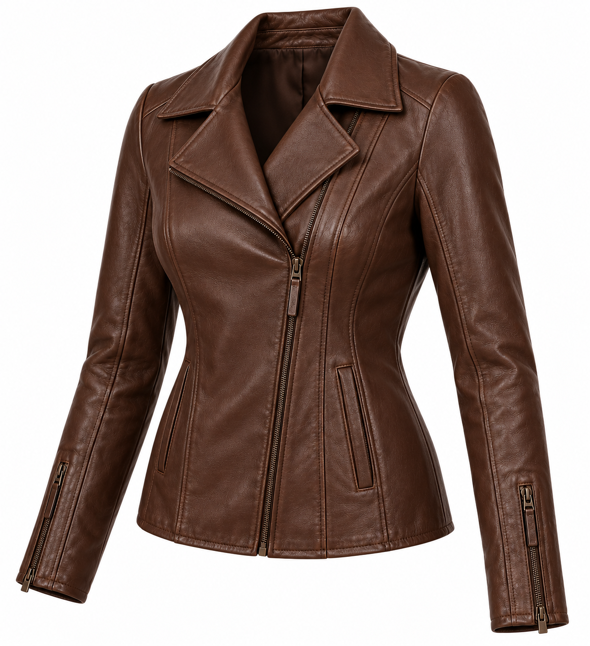 W001 brown leather jacket angle view
