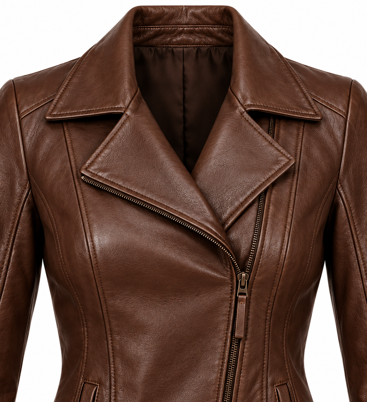 W001 brown leather jacket detail view