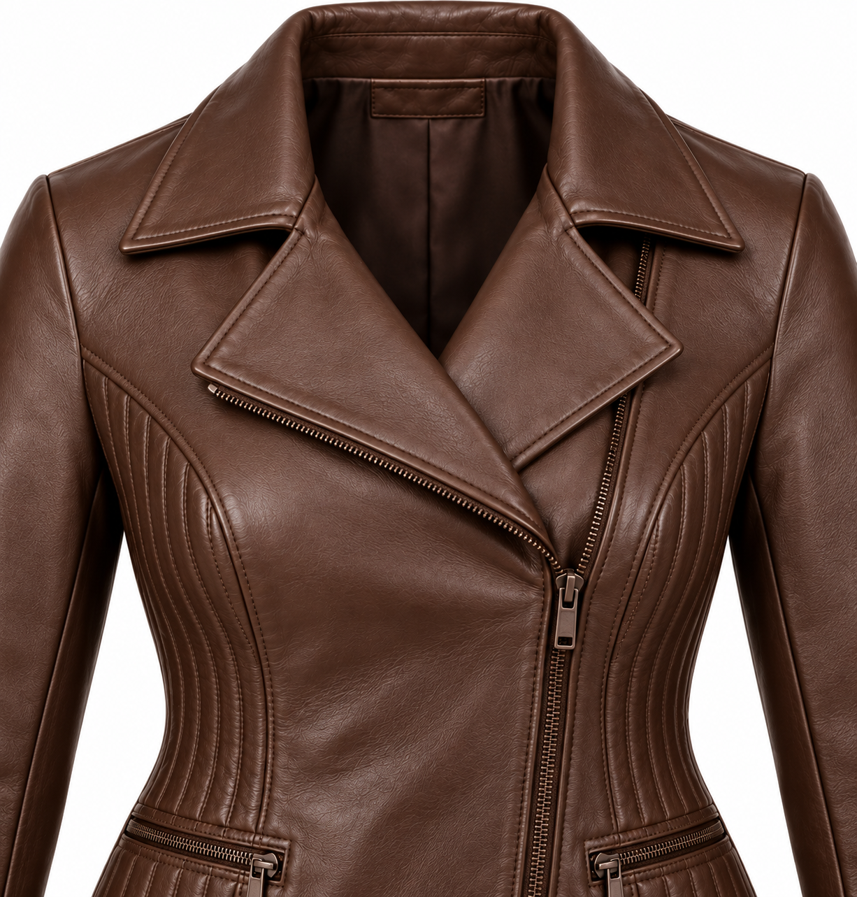 W005 brown leather jacket detail view