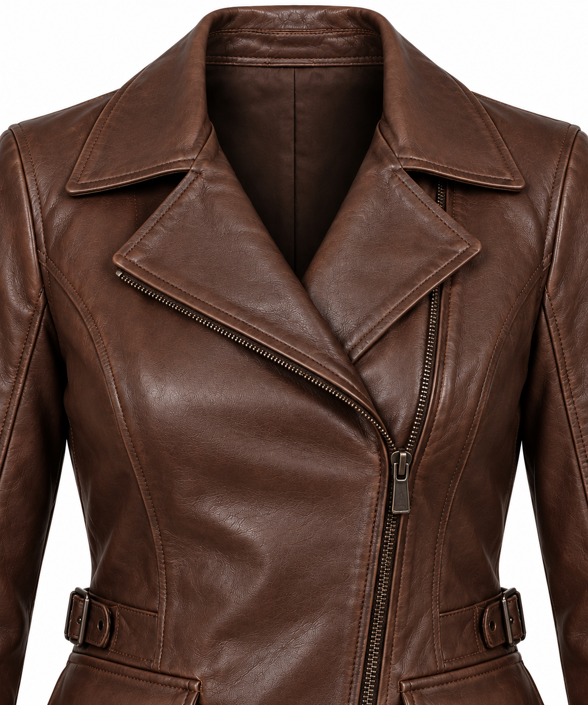 W006 brown leather jacket detail view