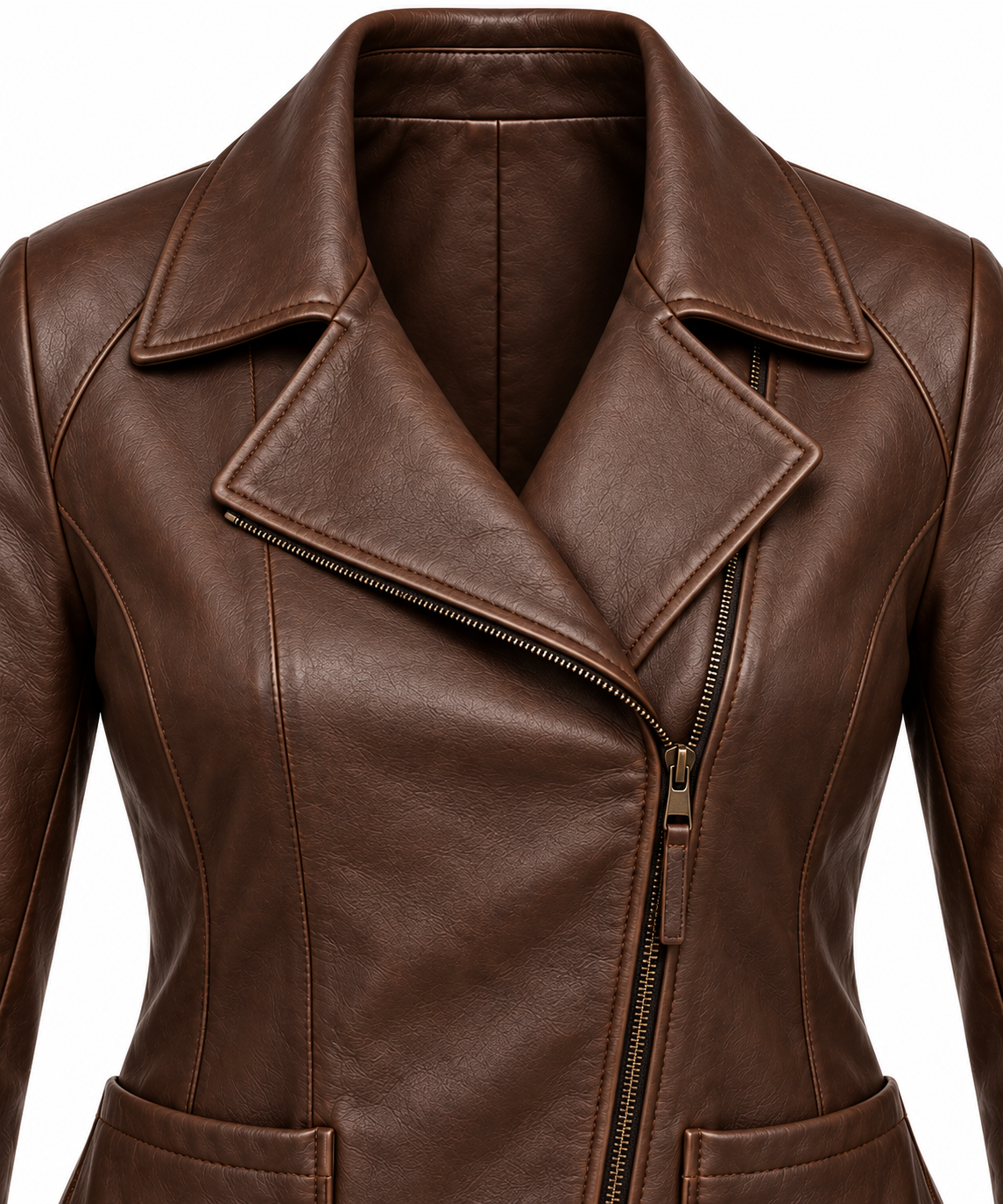 W007 brown leather jacket detail view