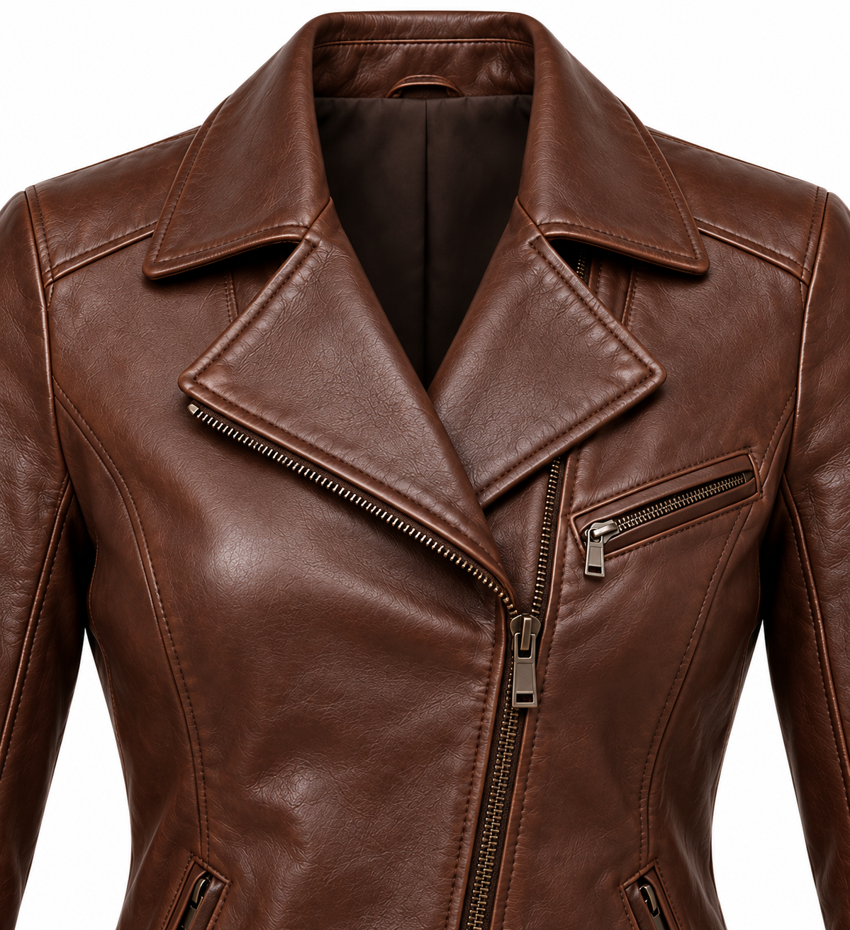 W008 brown leather jacket detail view