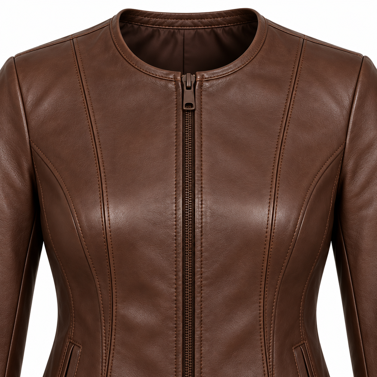 W011 brown leather jacket detail view