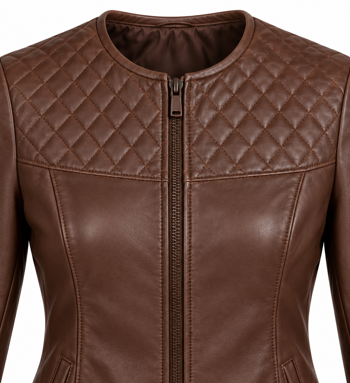W014 brown leather jacket detail view