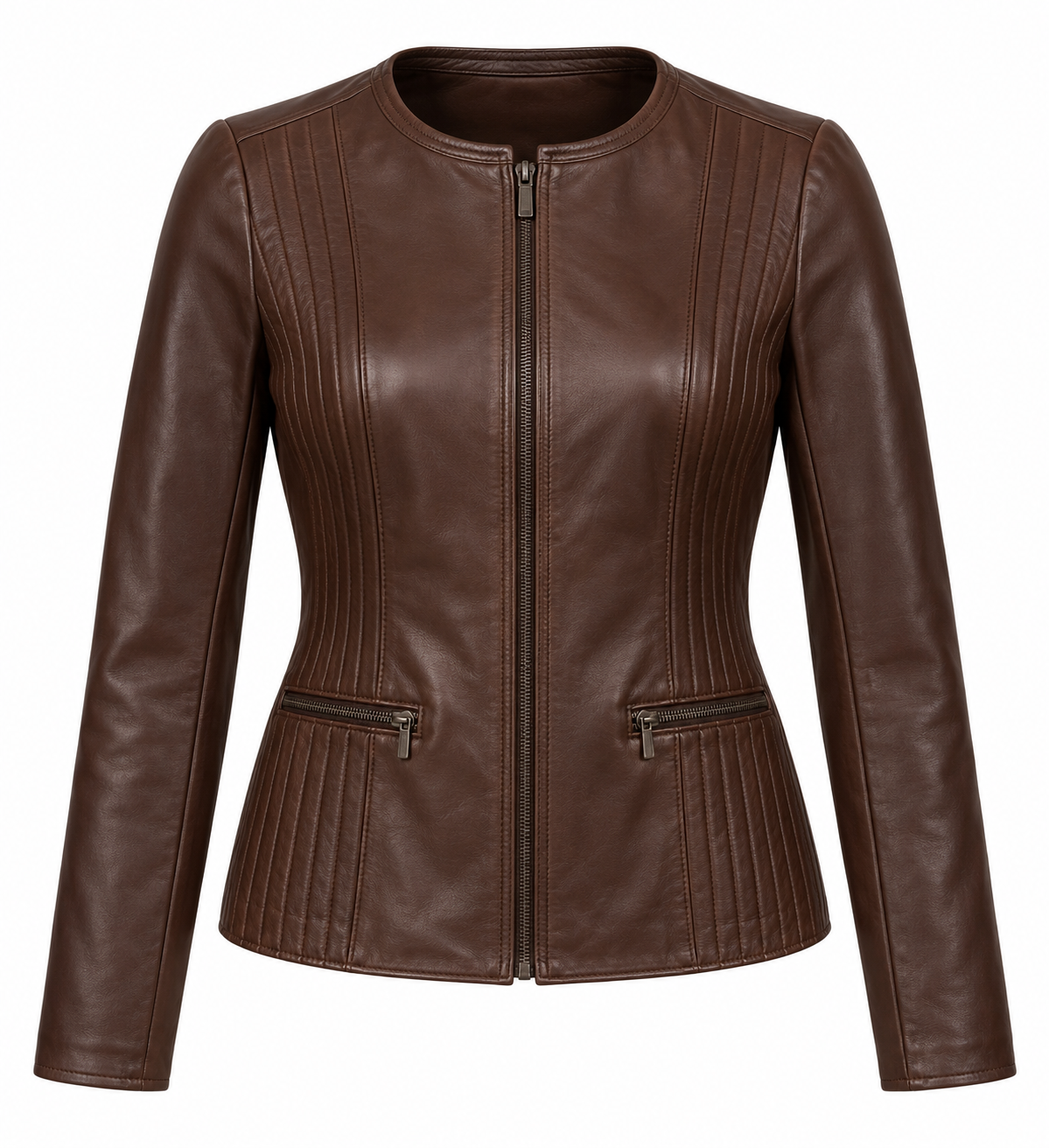 W015 brown leather jacket front view
