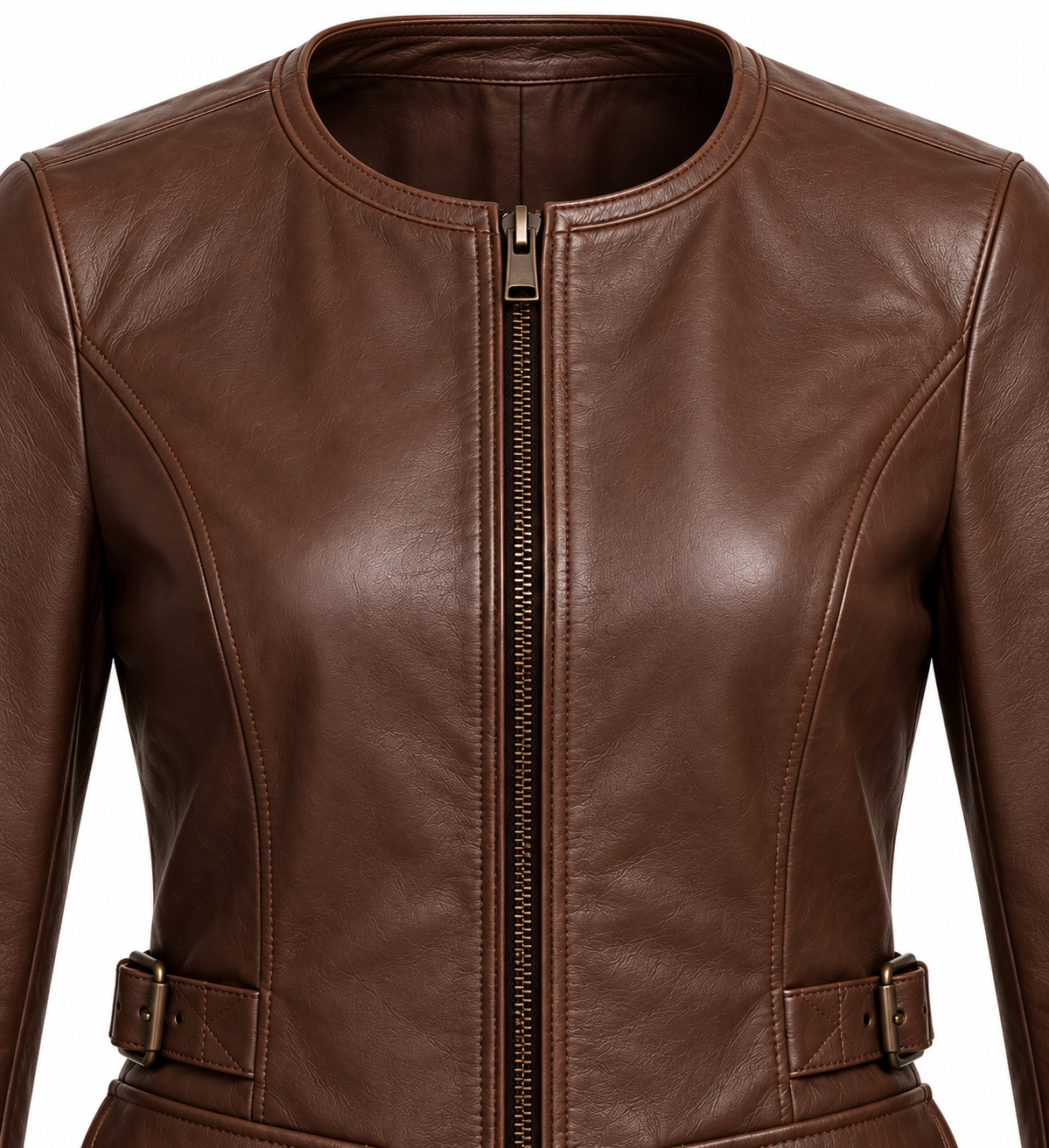 W016 brown leather jacket detail view
