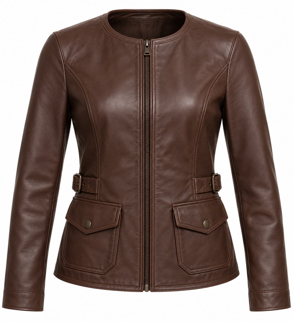 W016 brown leather jacket front view