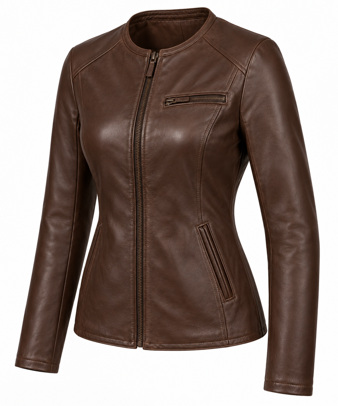 W018 brown leather jacket angle view