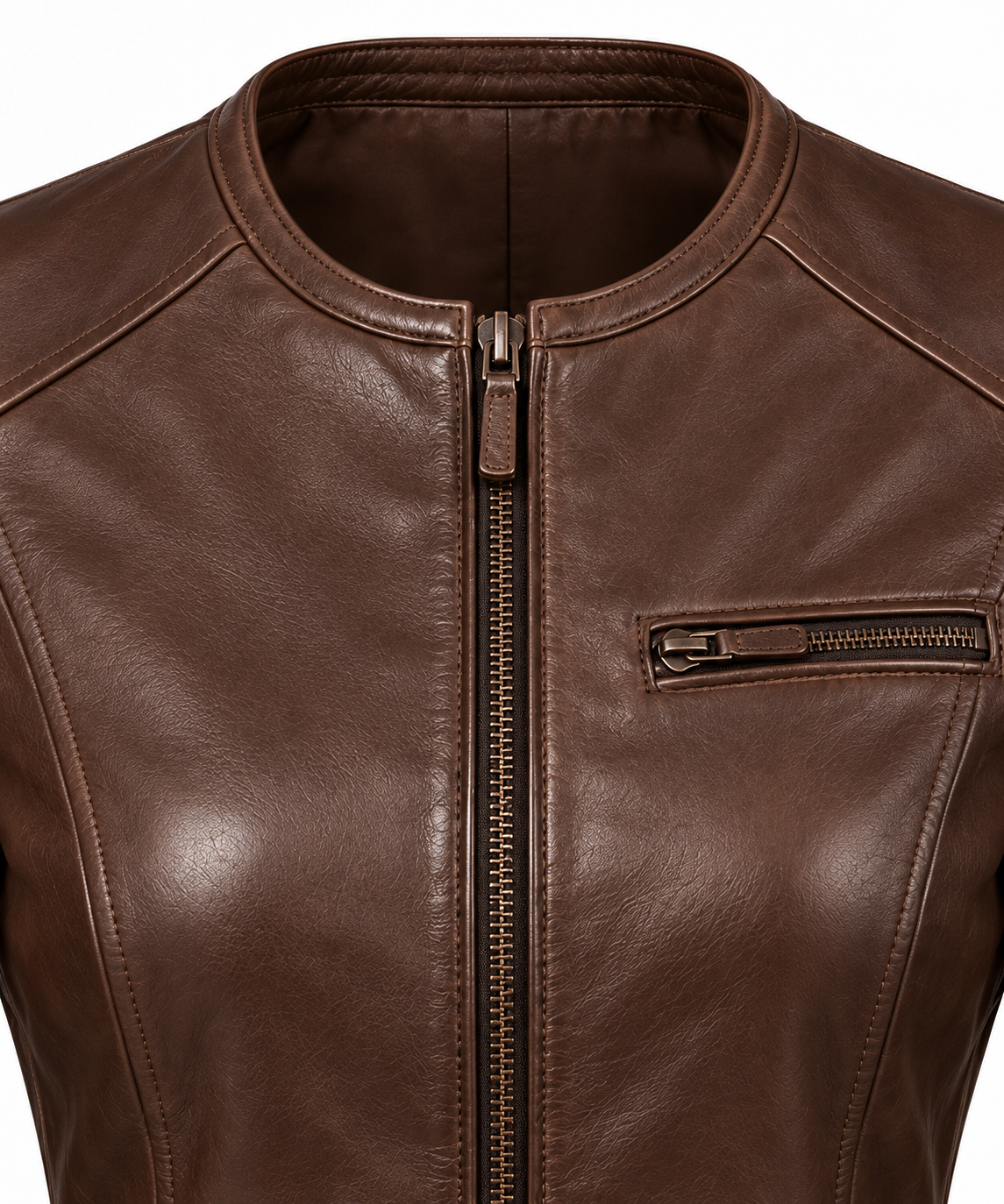 W018 brown leather jacket detail view