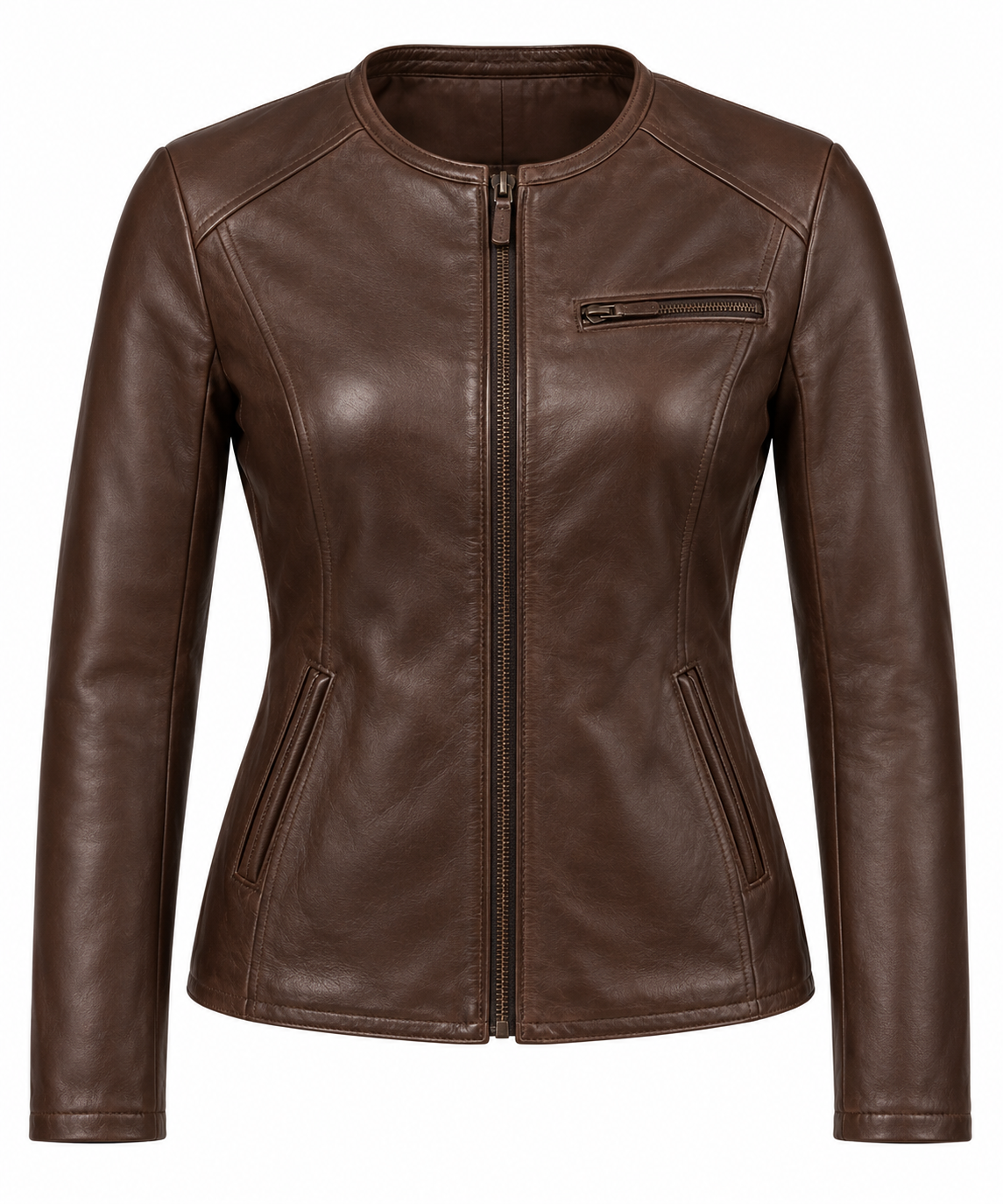 W018 brown leather jacket front view