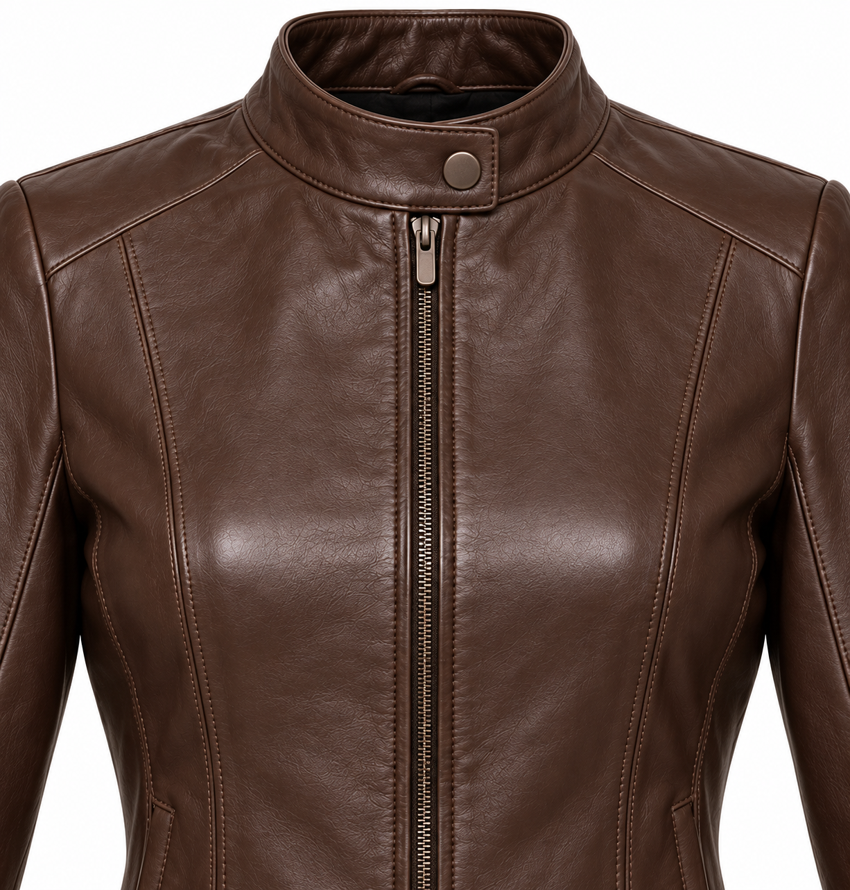 W022 brown leather jacket detail view