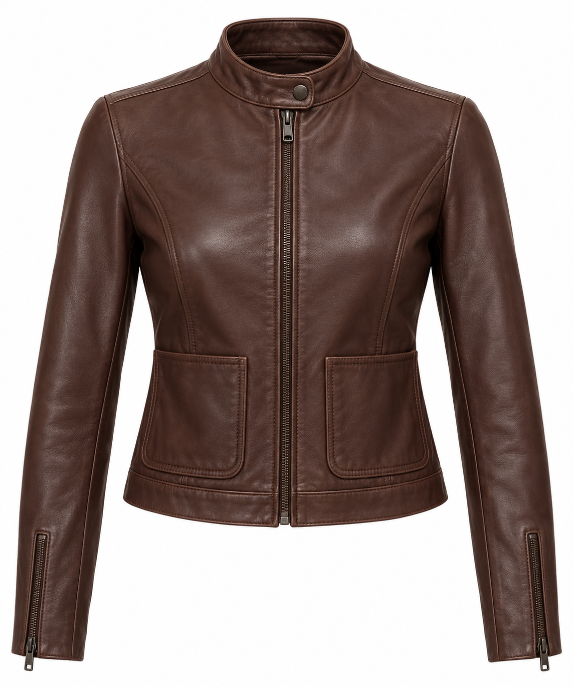 W023 brown leather jacket front view