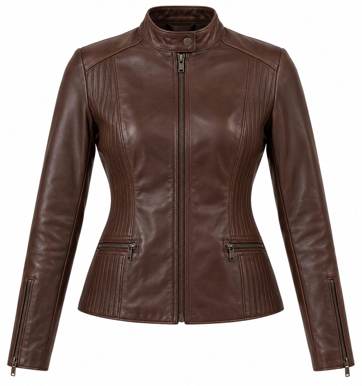 W025 brown leather jacket front view