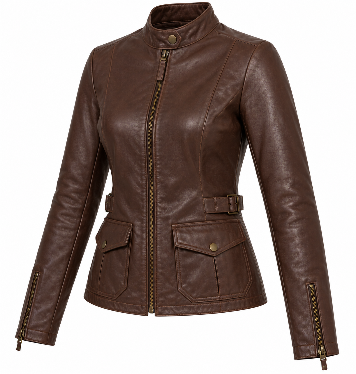 W026 brown leather jacket angle view