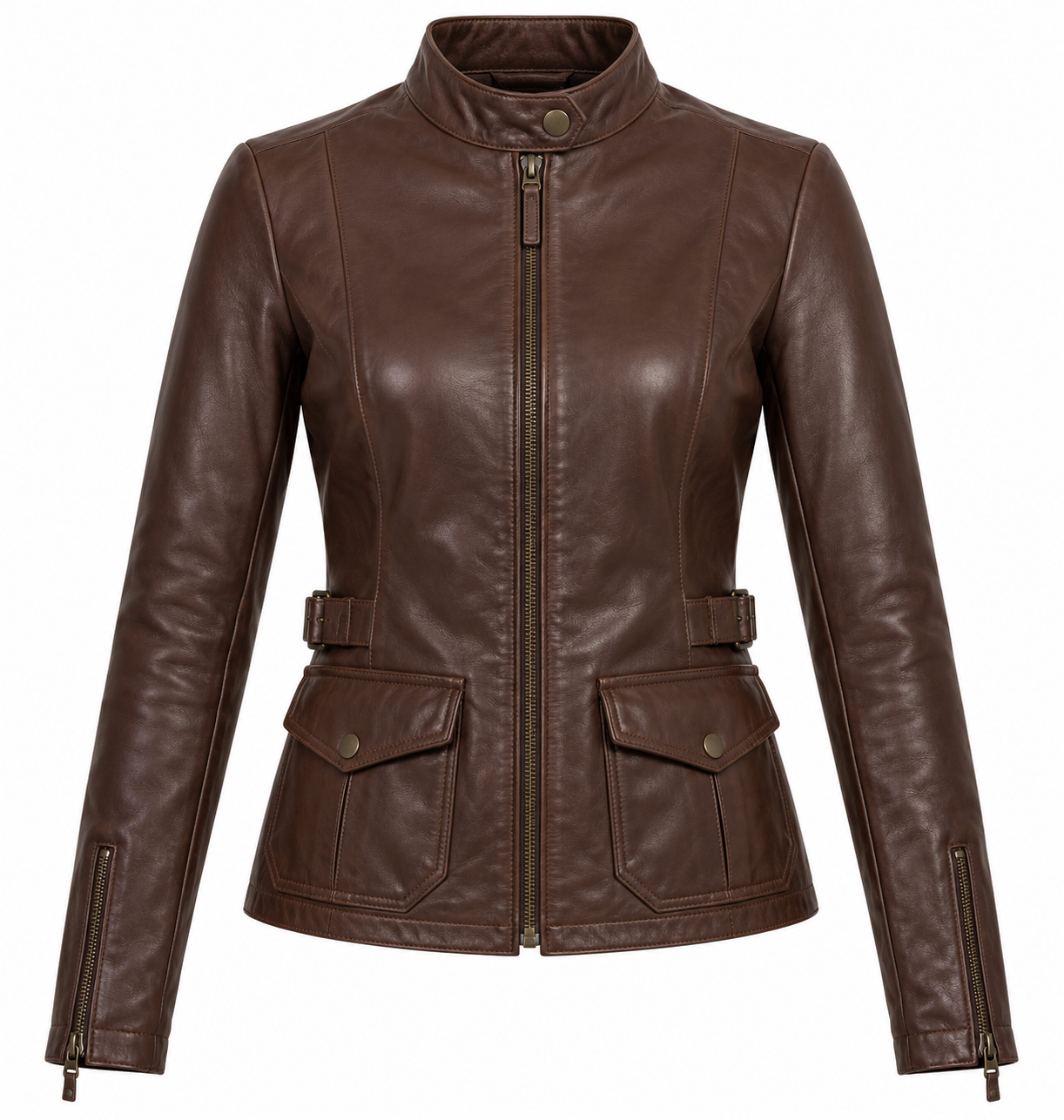 W026 brown leather jacket front view