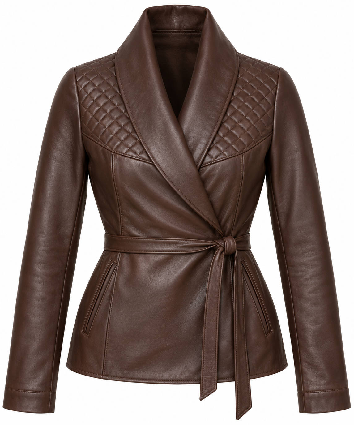 W044 brown leather jacket front view