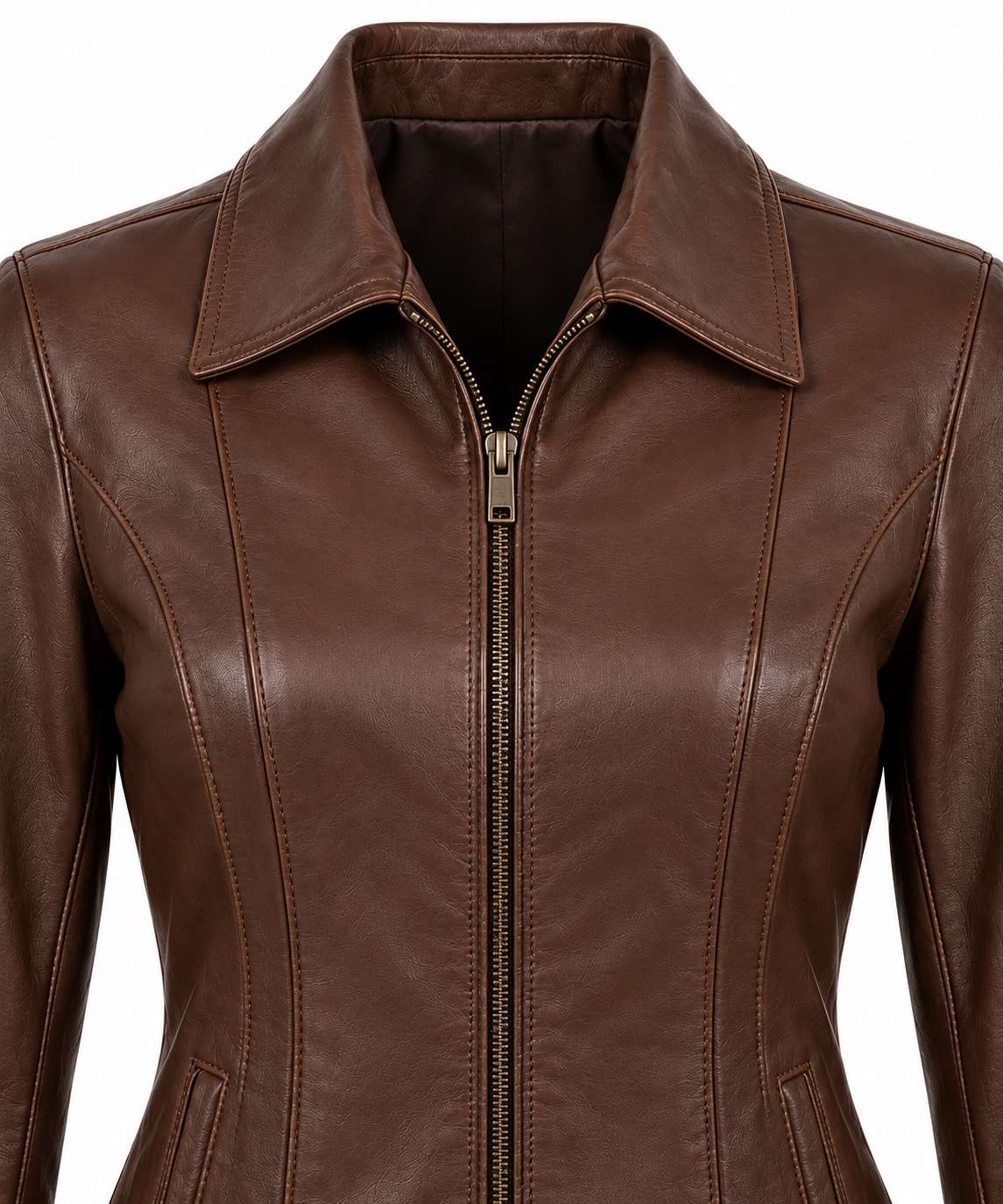 W061 brown leather jacket detail view