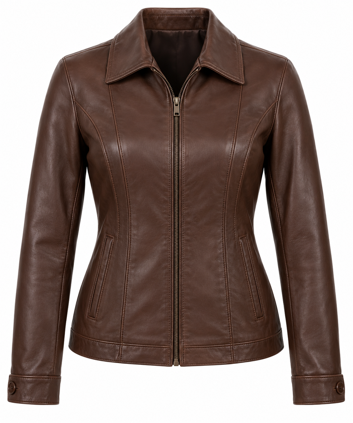 W061 brown leather jacket front view