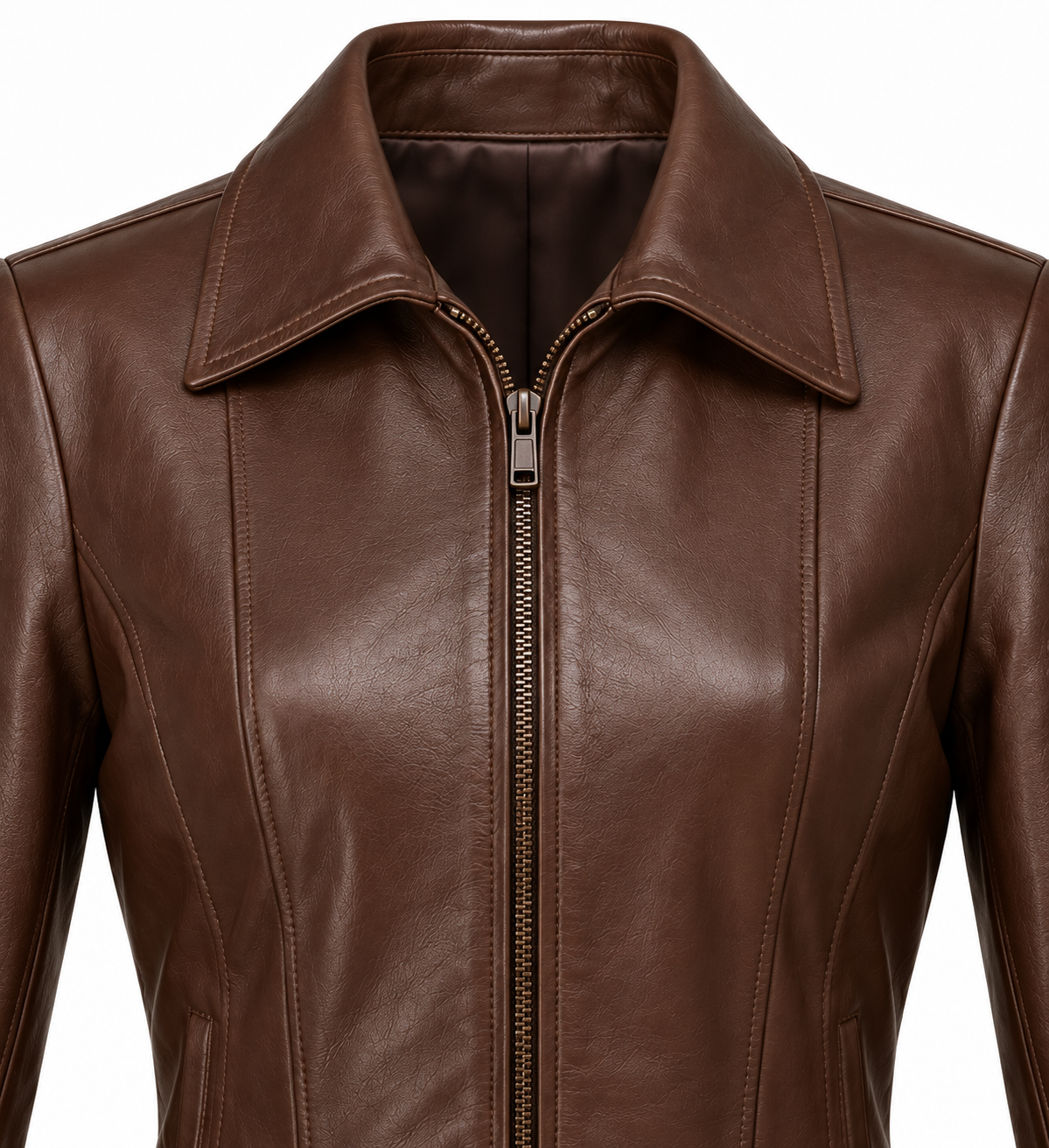 W062 brown leather jacket detail view