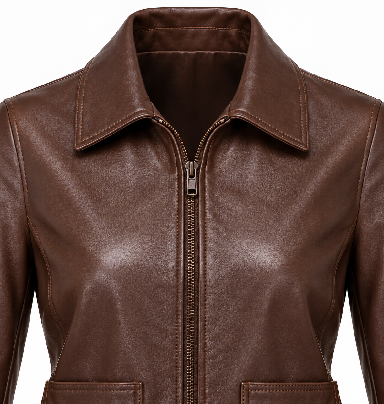 W063 brown leather jacket detail view