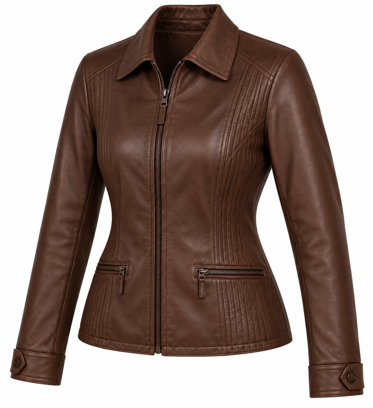 W065 brown leather jacket angle view