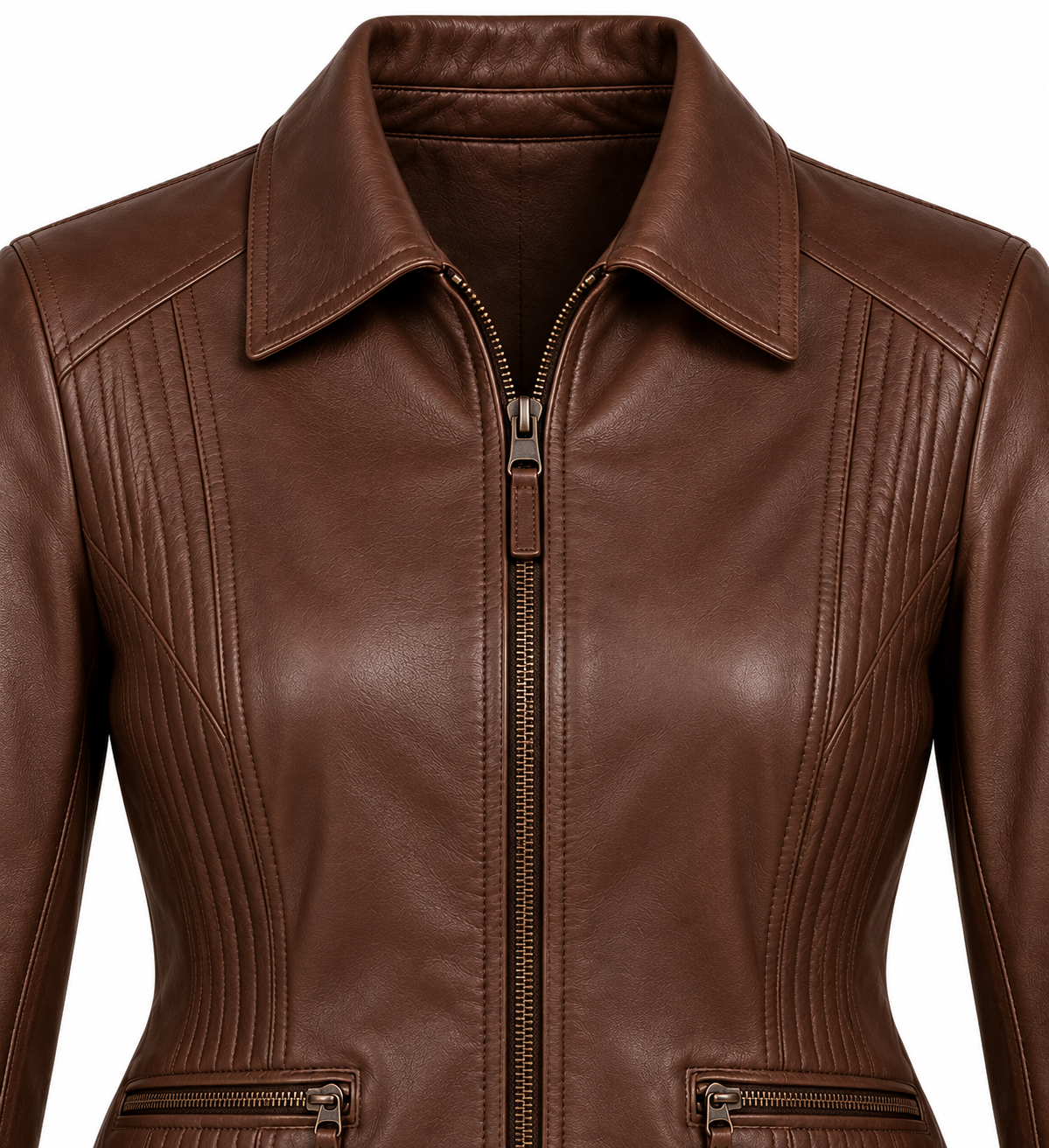 W065 brown leather jacket detail view