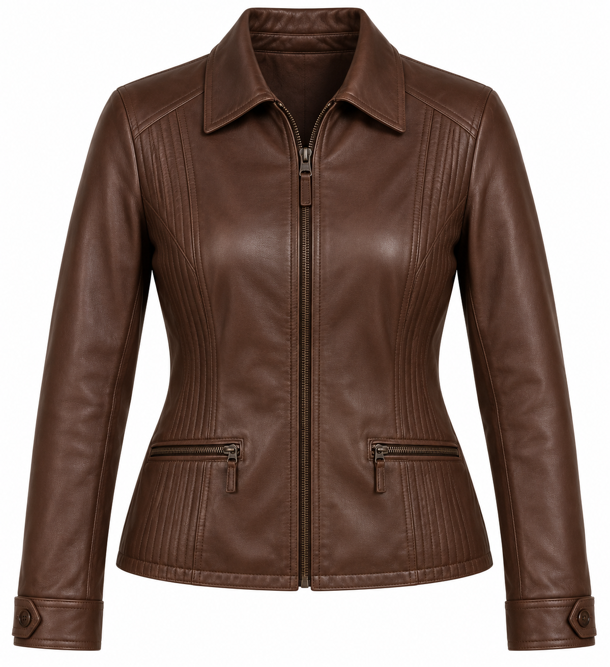 W065 brown leather jacket front view