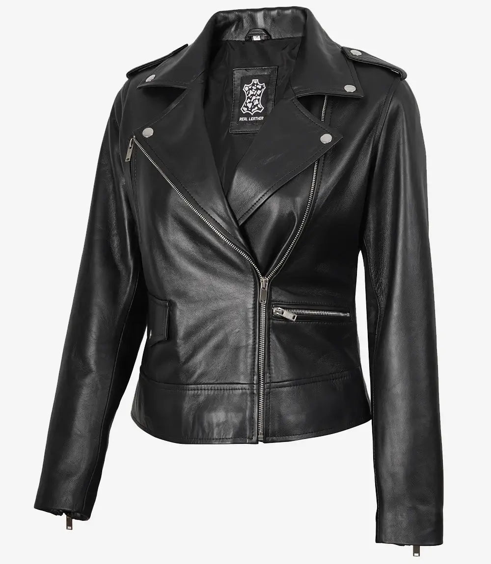 Sowachi Women's Black Asymmetrical Biker Style Leather Jacket