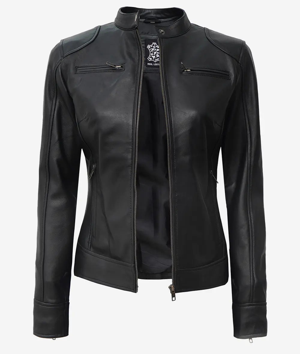 Sowachi  Women's Black Biker Style Sheepskin Leather Jacket