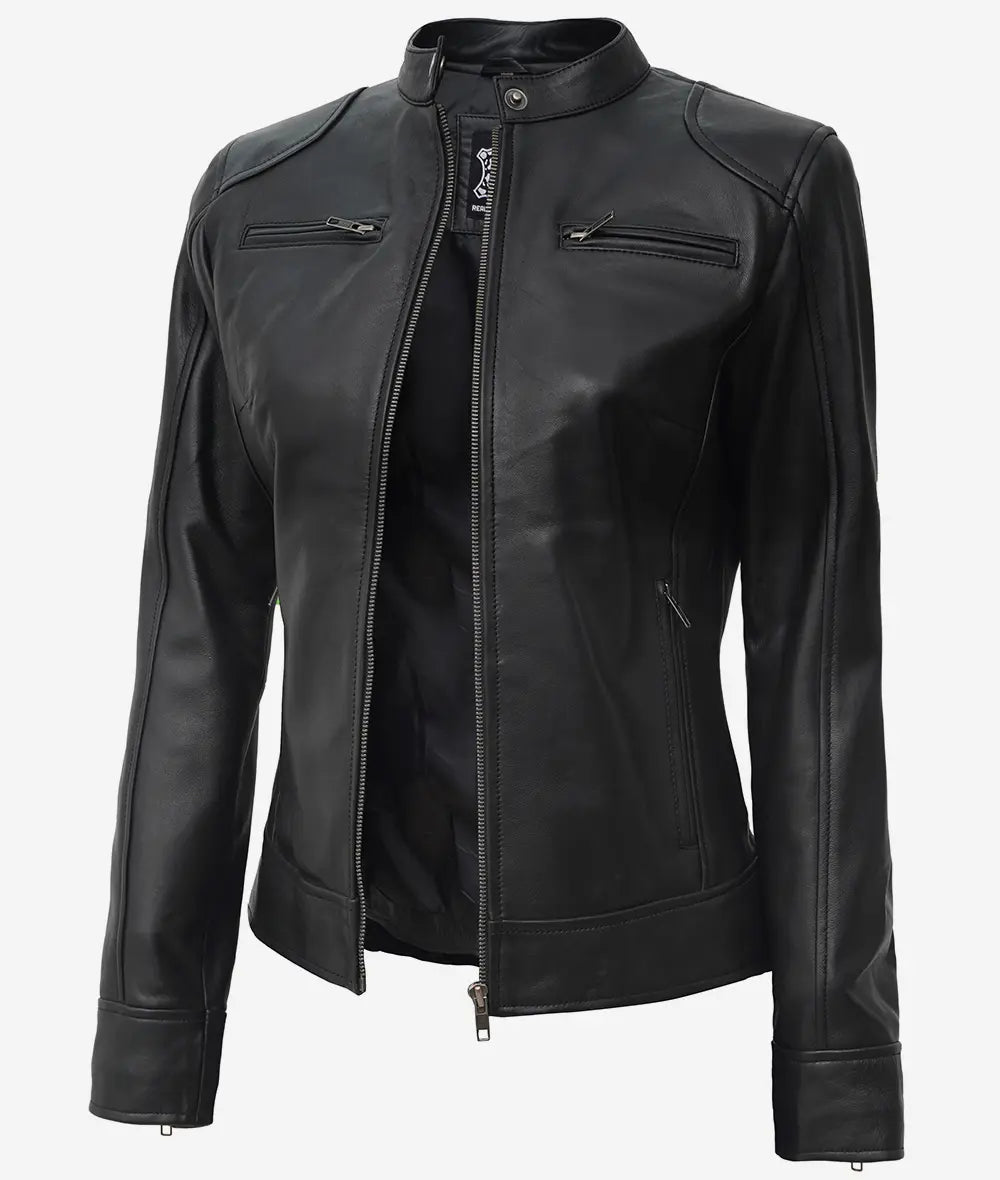Sowachi  Women's Black Biker Style Sheepskin Leather Jacket