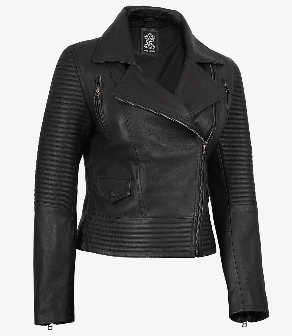 Sowachi Women's Biker Style Real Black Lambskin Leather Jacket