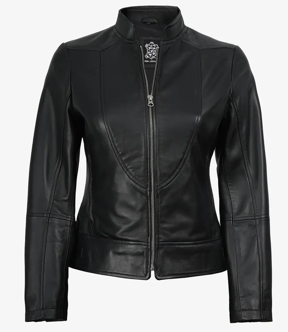 Sowachi Women's Slim Fit Black Biker Style Sheepskin Leather Jacket