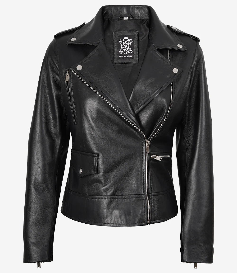 Sowachi Women's Black Asymmetrical Biker Style Leather Jacket