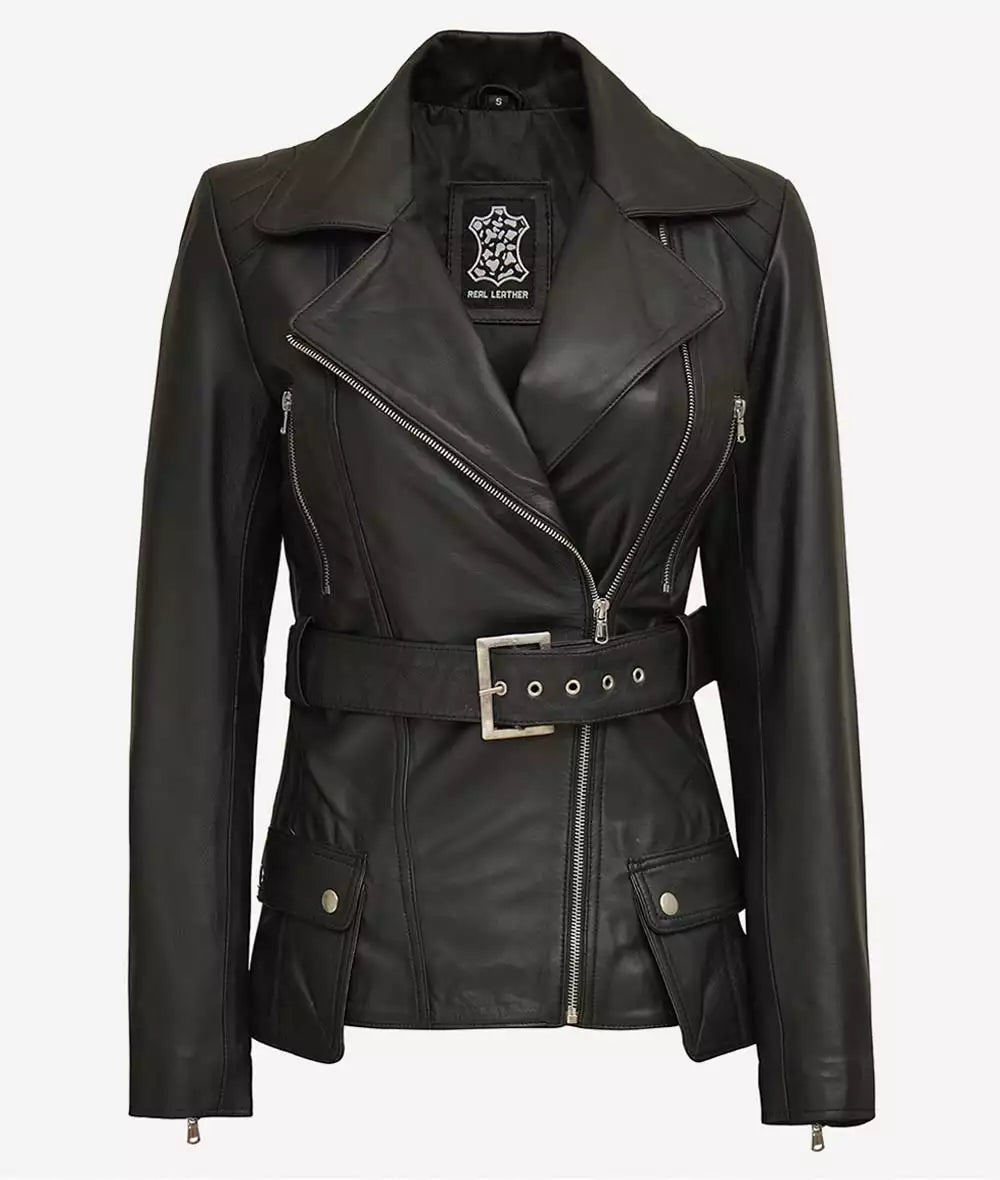 Sowachi Women's Black Belted Long Biker Style Lambskin Leather Jacket