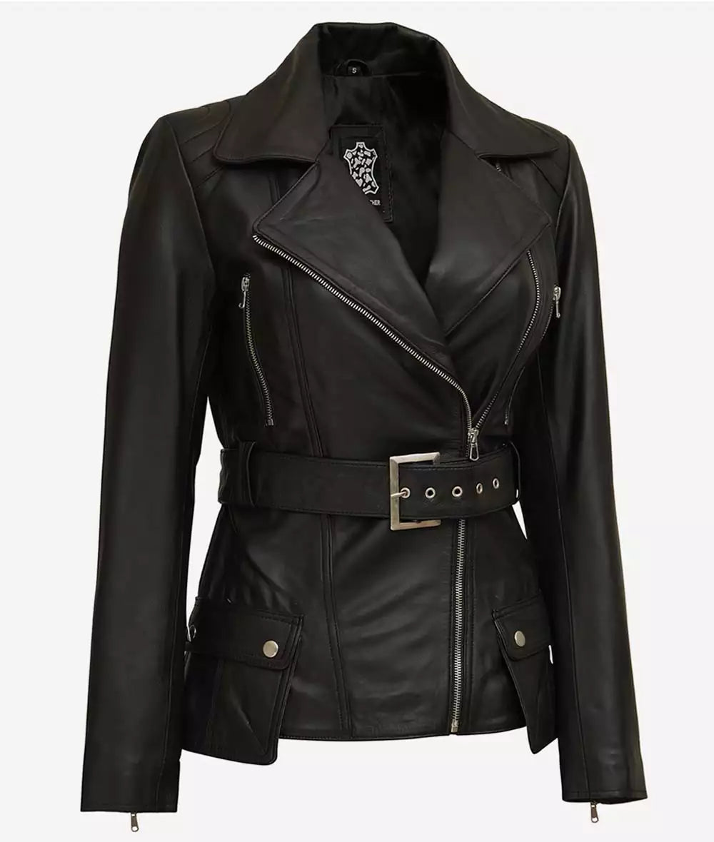 Sowachi Women's Black Belted Long Biker Style Lambskin Leather Jacket