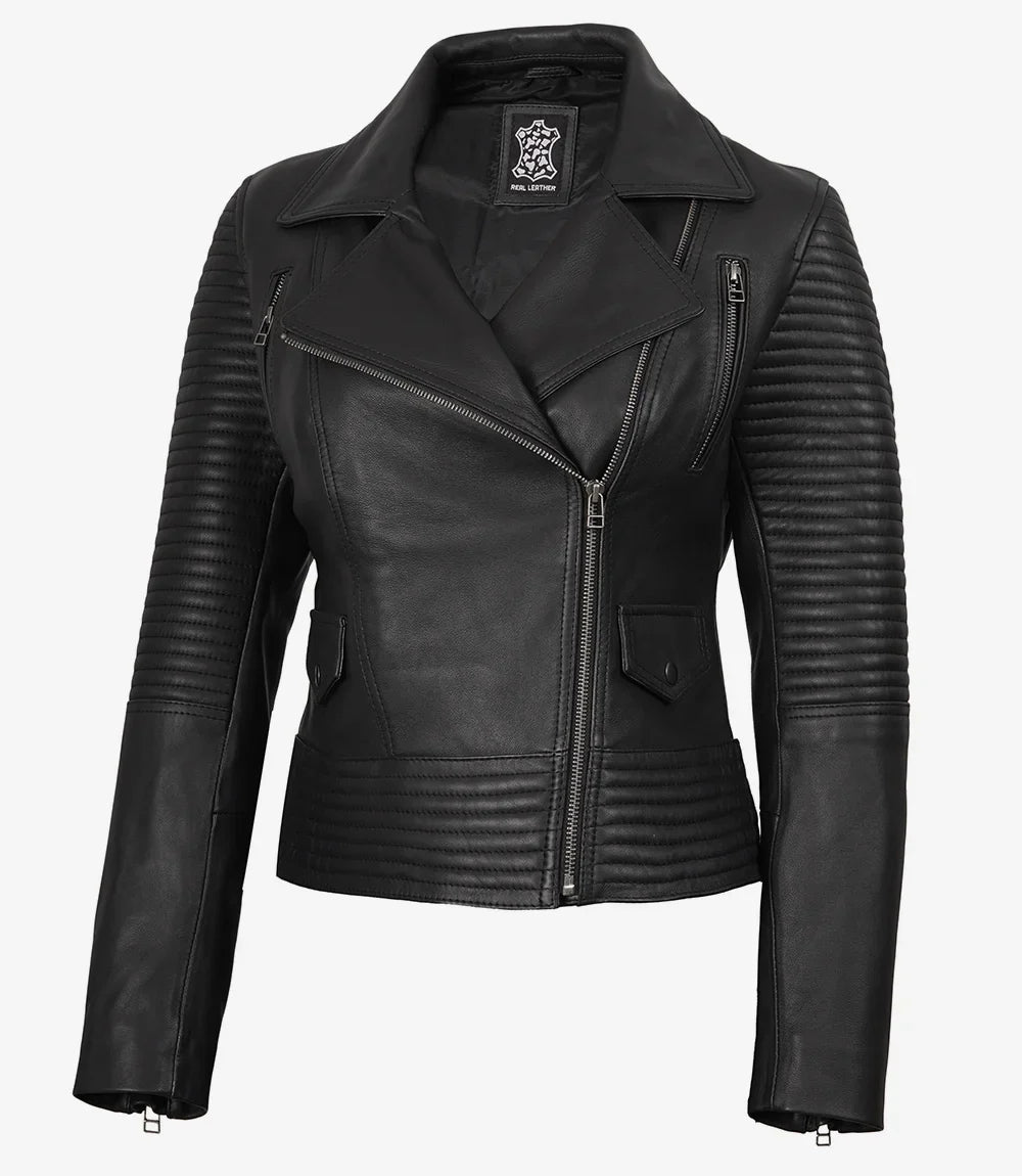 Sowachi Women's Biker Style Real Black Lambskin Leather Jacket