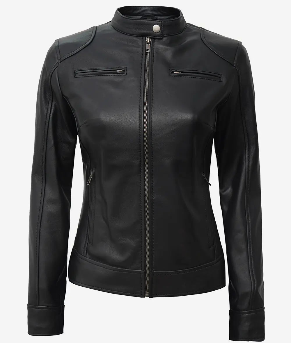 Sowachi  Women's Black Biker Style Sheepskin Leather Jacket