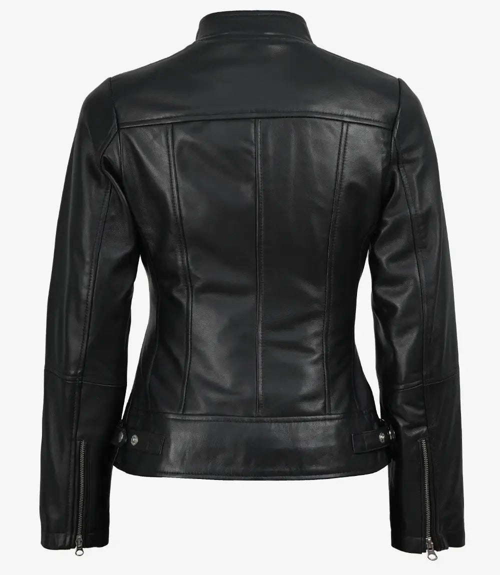Sowachi Women's Slim Fit Black Biker Style Sheepskin Leather Jacket