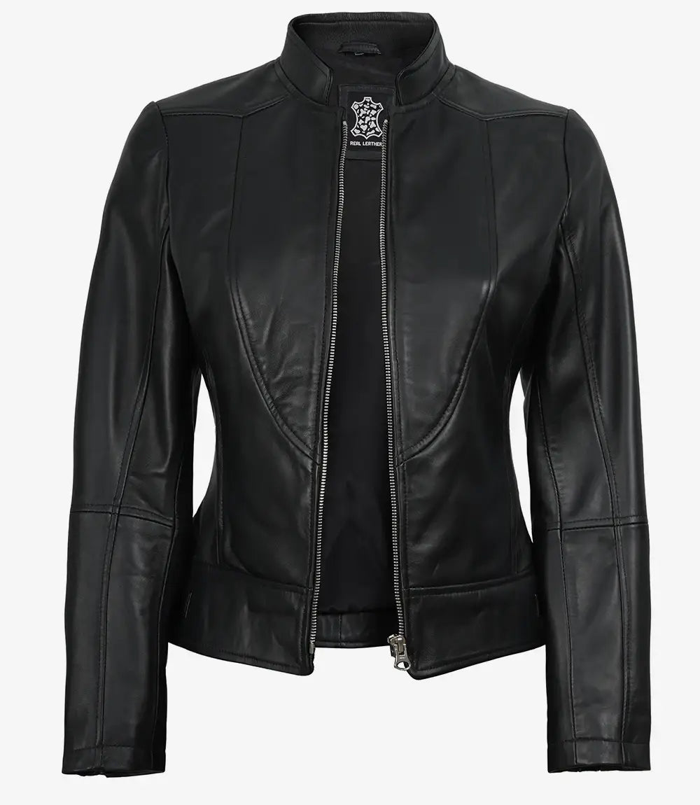 Sowachi Women's Slim Fit Black Biker Style Sheepskin Leather Jacket