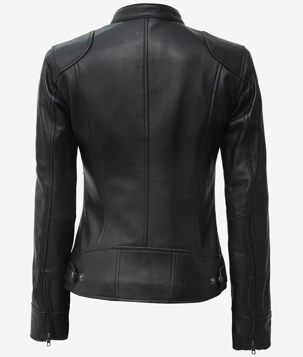 Sowachi  Women's Black Biker Style Sheepskin Leather Jacket