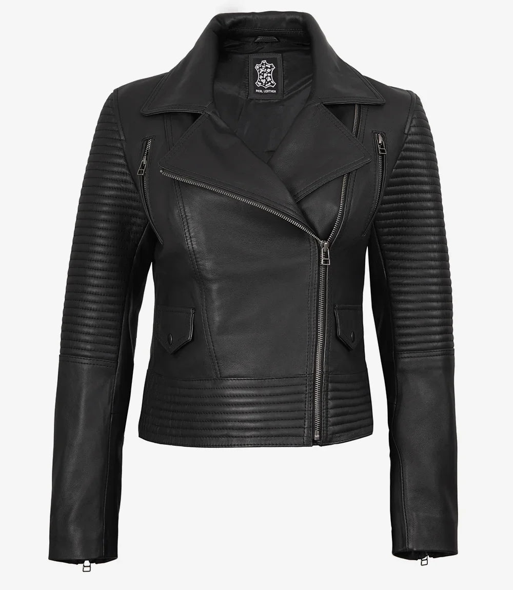 Sowachi Women's Biker Style Real Black Lambskin Leather Jacket